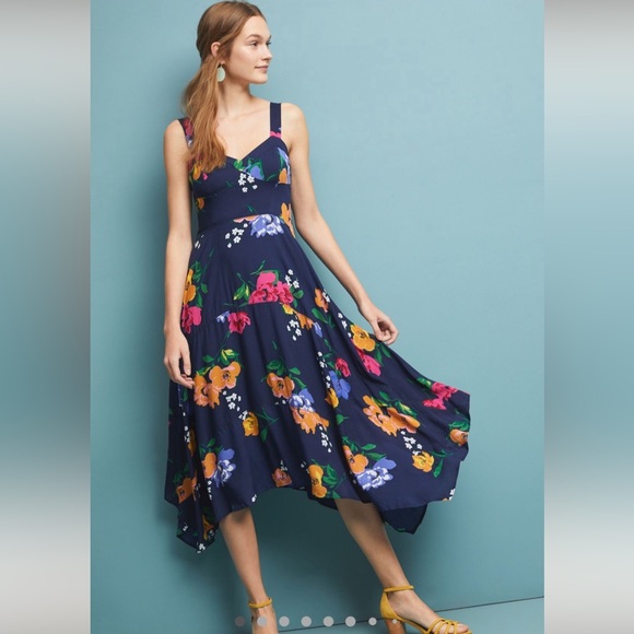 Maeve Dresses & Skirts - NWOT Maeve Anthropologie Vivienne Maxi Floral Handkerchief Dress blue Size 8